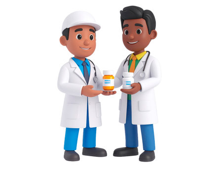 A 3D rendering depicts two diverse male healthcare professionals, both wearing white lab coats, exchanging bottles of medication. The character on the left wears a white cap and blue scrubs, holding out an orange-capped bottle towards the character on the right. The character on the right wears a green shirt under his lab coat with a stethoscope around his neck, holding a white-capped bottle. They appear to be collaborating on medication management or distribution. The scene highlights professional teamwork in a medical or pharmaceutical context.の素材