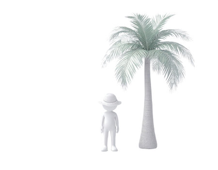 A minimalist white stylized human figure stands beside a shimmering palm tree, both rendered with a glitter-like texture and isolated against a dark background.の素材