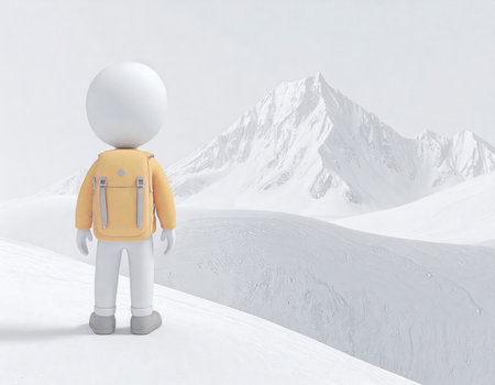 A minimalist 3D character with a white spherical head and body, wearing an orange padded jacket with a small backpack and gray trousers. The figure stands upright, looking intently towards the horizon. The scene is a vast, pristine snow-covered landscape, characterized by gentle, undulating snow dunes and drifts. In the mid-ground and background, majestic snow-capped mountains rise, their jagged peaks partially obscured by a soft, white atmosphere, hinting at a cold environment. The overall ambiance suggests a journey, exploration, or contemplation in a remote, cold climate. The clean, almost monochromatic palette of whites and grays is contrasted by the character's warm orange attire.の素材