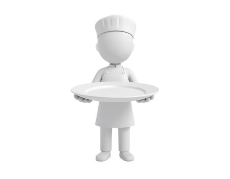 A white 3D rendered minimalist figure, dressed as a chef with a toque and apron, stands holding an empty white dinner plate with both hands. The figure is centered against a plain black background, facing forward. This illustration conveys concepts of service, hospitality, preparation, and presentation in a simple, clean style.の素材
