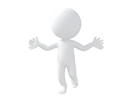 A minimalist 3D rendering of a white humanoid character is shown with arms outstretched and legs slightly apart. The figure appears to be in a balanced or welcoming pose, isolated on a dark background.の素材