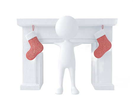 A minimalist white three-dimensional stick figure stands in front of a classic white fireplace mantle, seemingly involved in holiday preparations. The simple, faceless character is rendered in a clean, modern style. Two traditional red Christmas stockings, each with a sparkling white cuff, hang from either side of the mantle, ready for gifts. The scene evokes the joyous spirit of the festive season, specifically Christmas, highlighting the custom of decorating the home. It represents the anticipation and celebration associated with winter holidays, presented in an isolated, clear style suitable for various design applications related to seasonal themes and traditions.の素材