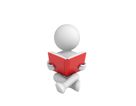 A clean, 3D rendered illustration features a simplified white figure, often referred to as a "render man," sitting with legs crossed. The character is deeply engrossed in reading an open red book, held upright in its hands. This visual composition serves as a powerful metaphor for various intellectual pursuits, including education, active learning, personal study, literacy, and the acquisition of knowledge. The isolated presentation against a plain background enhances its versatility for design projects related to academia, intellectual growth, and information gathering. It embodies concentration and the pursuit of understanding.の素材