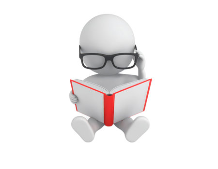 A white 3D character, wearing black-rimmed eyeglasses, sits attentively reading an open book with red accents. This visual represents learning, education, knowledge, study, and intellectual pursuit. The figure is isolated on a plain black background, highlighting focus and concentration.の素材