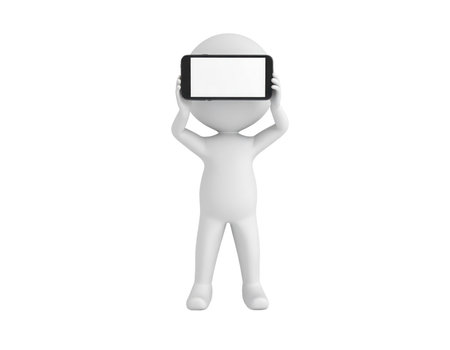 A simplistic white 3D rendered figure holds a modern smartphone with a blank white screen above its head, against a dark, featureless backdrop. The device is positioned as if for viewing virtual content or displaying an application.の素材