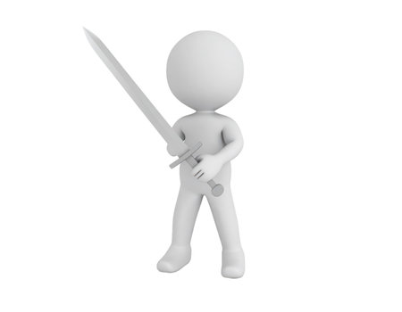 A minimalist 3D white stick figure stands holding a long, two-handed sword, poised as if ready for combat or a challenge. The figure is rendered on a stark black background, emphasizing its simple form and the weapon.の素材
