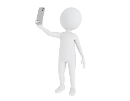 A minimalist 3D white figure is depicted holding a modern smartphone aloft, poised as if capturing a self-portrait or engaging in a video call. This illustration emphasizes contemporary digital communication and personal device interaction.の素材