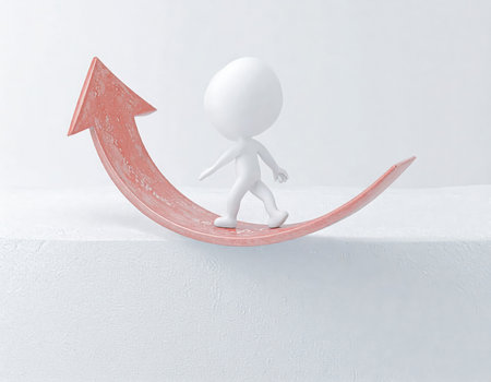 A minimalist 3D rendering features a white stick figure walking up a curved, textured red arrow. The arrow points upwards and right, positioned on a light, textured surface. This visual metaphor conveys concepts of advancement, forward movement, and achieving objectives.の素材