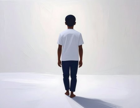 A young boy walks away from the viewer, barefoot on an expansive, light-colored terrain. He wears a white t-shirt and dark trousers. The bright background and ground create a minimalist and stark environment, emphasizing solitude and open space. A subtle shadow stretches behind him.の素材