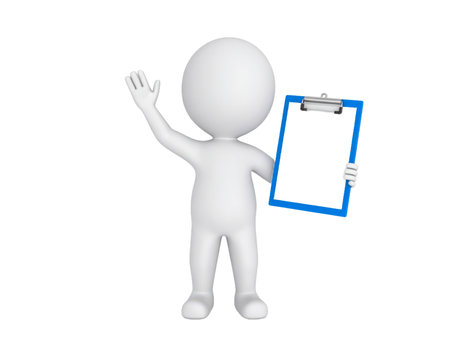 A white 3D rendered character, resembling a manikin or stick figure, stands on a transparent background. The figure holds a blue-framed clipboard with a dark, blank surface in its left hand. Its right hand is raised in a friendly waving gesture, suggesting a greeting, presentation, or calling for attention. This visual is suitable for concepts related to data, administration, surveys, tasks, or communication.の素材