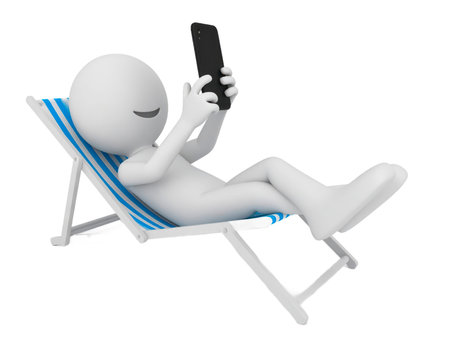 A minimalist 3D white figure is shown reclining comfortably on a blue and white striped beach chair. The character is intently focused on a black mobile phone, held in both hands, suggesting engagement with digital content, communication, or entertainment. This visual represents modern leisure, vacation time, and the pervasive presence of technology in daily life. It conveys a sense of relaxation, connectivity, and the integration of digital devices into personal moments of rest.の素材