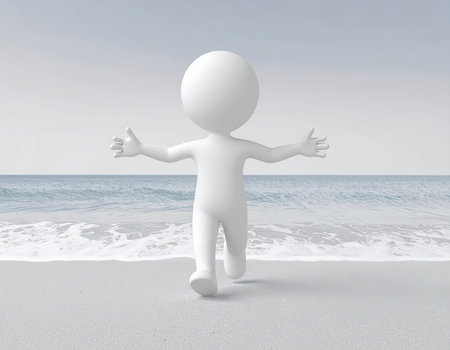A minimalist 3D white character stands on a serene beach shore, facing the ocean with arms wide open in a welcoming or embracing gesture. Gentle waves are visible in the background under a soft, clear sky, conveying feelings of openness, peace, and new beginnings.の素材
