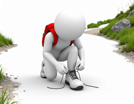 3d people - man, person tying shoelaces on the roadの素材