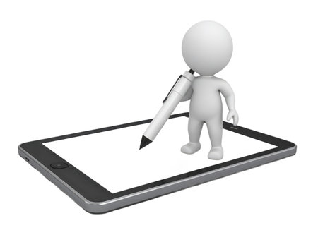 This conceptual rendering depicts a minimalistic 3D human-like figure standing atop a modern smartphone. The white, abstract character extends its arm, with its hand gently touching the device's screen, suggesting active interaction. The smartphone, rendered in a sleek dark grey, displays a bright white element on its dark screen, indicative of a digital interface or content. This illustration powerfully symbolizes the pervasive nature of mobile technology and our engagement with portable devices in the digital age. It represents concepts such as user experience, online connectivity, application usage, information access, and remote communication. The isolated presentation against a plain background emphasizes the subject, making it versatile for various technological, business, and educational contexts.の素材
