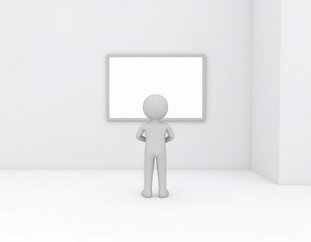 A 3D minimalist figure, rendered in white, stands with its back to the viewer, facing a blank rectangular white frame mounted on a pristine white wall. The room is entirely white and empty, providing a clean, uncluttered background. The character is positioned centrally, gazing at the empty frame, which could represent a blank canvas, display, or space for text/graphics.の素材