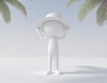 A white 3D rendered figure stands on a bright white ground, likely sand, under palm tree fronds. The character wears a hat and raises its hands, appearing to shield its eyes from the sun or gaze upwards. This evokes summer vacation and tropical leisure.の素材