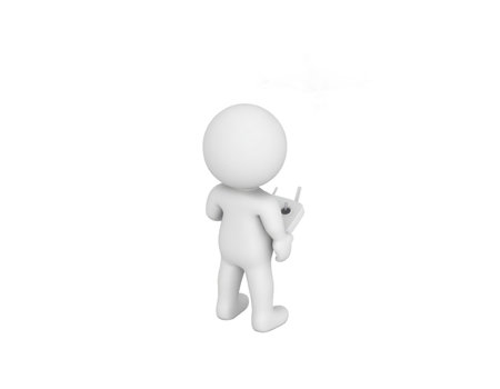 A white 3D rendered character is shown from behind, operating a flying drone with a remote control device held in its hands. The figure stands against a plain black background, emphasizing the interaction between the person and the unmanned aerial vehicle.の素材