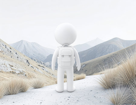 A simplistic, white, human-like figure with a round head stands on a dirt path, looking out over a vast, snow-dusted mountain landscape. The scene evokes a sense of journey, exploration, and solitude in a quiet, expansive natural environment. The vegetation appears dry and sparse, suggesting a cold or arid climate.の素材