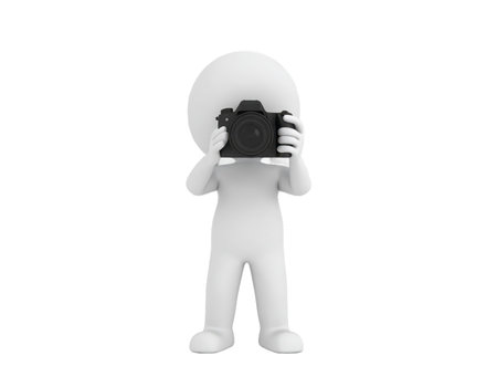A minimalist white 3D figure stands front and center, holding a black digital camera up to its face, seemingly about to capture a moment. The figure's body is smooth and undefined, contrasting with the detailed camera. It is isolated against a plain black backdrop, emphasizing the act of photography.の素材