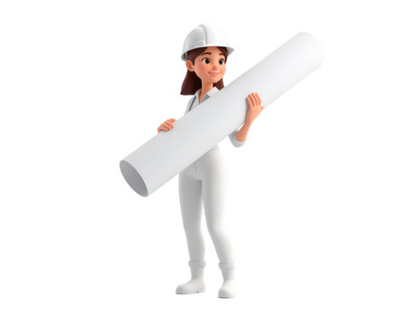 A professional 3D rendered female character, depicted as an architect or engineer, stands confidently holding a large rolled set of blueprints or project plans. She is dressed in pristine white work overalls and wears a protective white hard hat, symbolizing safety and professionalism in the construction or design industry. Her posture conveys readiness and expertise for project development and execution. This illustration is ideal for topics related to construction, urban planning, architectural design, engineering careers, project management, and women in STEM or skilled trades. The clean, crisp rendering on a neutral background makes it versatile for various professional and educational presentations.の素材