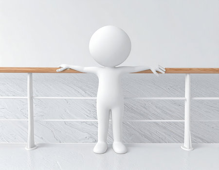 A pristine white 3D rendered human figure stands on a ship's deck, leaning on a wooden railing with arms widely outstretched. The clean, minimalist setting against a bright background emphasizes themes of freedom, embracing new opportunities, and looking towards a vast future or horizon.の素材