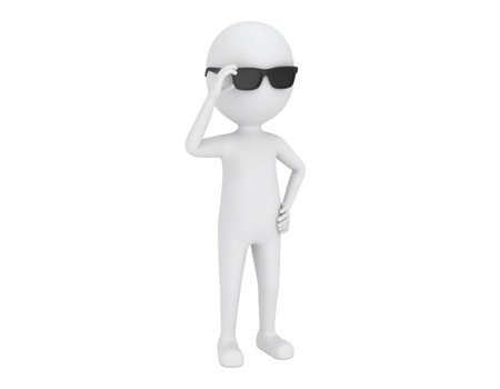 A minimalist 3D rendering of a white humanoid figure against a transparent backdrop. The character wears dark sunglasses and is depicted with one hand subtly adjusting the eyewear, while the other rests on its hip, indicating a confident or stylish demeanor. This simple, stylized model is useful for illustrating concepts of identity, fashion, or modern communication without specific facial expressions.の素材