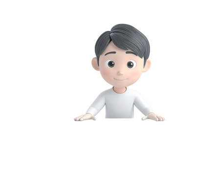 A 3D render illustrating a young man with dark, textured hair and light skin, wearing a plain white long-sleeved shirt. He has a friendly, slightly smiling expression with large, dark eyes looking upwards. His arms are bent, suggesting he is appearing from below or resting on a surface. The character is depicted from the chest up and isolated on a transparent background, making him suitable for various digital and print applications.の素材