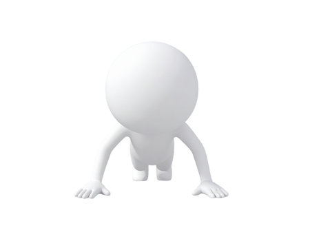 A minimalist 3D rendering of a white humanoid figure, often referred to as a '3D man,' in a low crawling position. The figure has a smooth, featureless surface and is composed of a sphere for the head and simple cylindrical limbs. It is positioned on a solid black background, creating strong contrast. The posture suggests movement, readiness, effort, or the initial phase of an action. This visual metaphor can represent concepts such as starting a task, making progress, overcoming obstacles, or determination in various professional and personal contexts.の素材