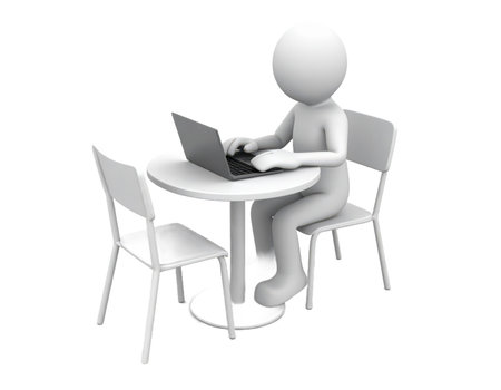 A minimalist 3D white figure, designed to represent a generic person, is depicted seated at a small round table. The figure is actively typing on a laptop computer, which is positioned directly in front. An additional empty chair stands on the opposite side of the table. The scene is rendered in an isolated view against a plain black background, focusing solely on the interaction with technology. This visual metaphor can represent concepts such as remote work, online learning, computing tasks, digital productivity, or internet usage.の素材