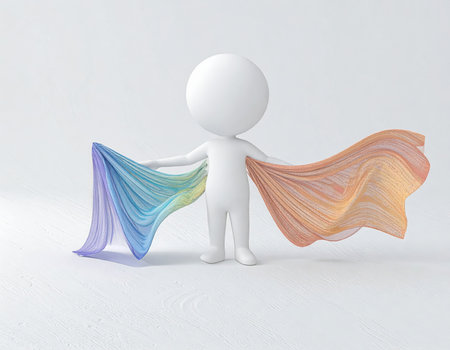 A simple white 3D character holds two expansive, wavy cloths, one a vivid rainbow and the other a warm gradient of orange and red, on a clean white surface. This artistic render conveys themes of individuality, potential, and freedom.の素材
