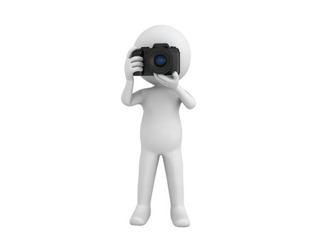 A white, simplified 3D character is depicted holding a black digital single-lens reflex (DSLR) camera to its eye, as if composing a shot. The figure stands isolated against a plain background, emphasizing its role as a photographer or a representation of visual media creation. The blue lens detail adds a touch of color to the otherwise monochromatic figure and camera.の素材
