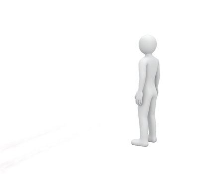 A minimalist 3D rendering of a white humanoid figure stands on a stark black background, contemplating two divergent, colorful, textured paths extending into the distance. This visual metaphor represents decision-making, choice, and different life directions.の素材