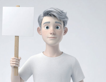 A digitally rendered young male character with grey hair and a light textured shirt holds a blank white square sign attached to a wooden stick. He looks directly forward with an expressive, slightly wide-eyed gaze. The figure is centered against a clean, plain white background, providing ample space for custom text or a logo on the sign.の素材