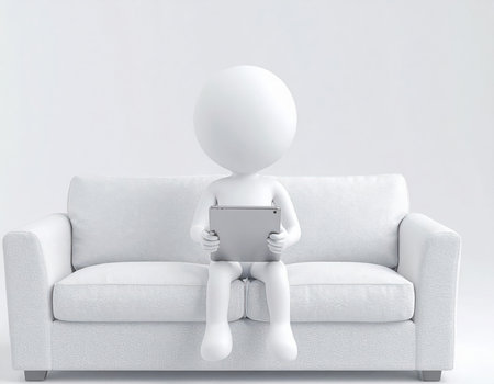 A 3D rendering of a featureless white figure sitting comfortably on a modern white sofa. The character holds a silver digital tablet, suggesting engagement with online content, remote work, or entertainment. The clean, minimalist design against a plain white background emphasizes concepts of technology integration, digital communication, and contemporary leisure activities.の素材