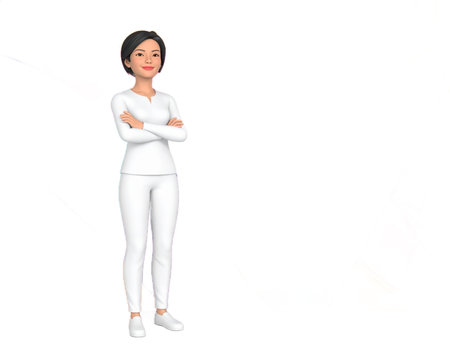 A confident, smiling 3D female avatar stands with arms crossed, dressed in pristine white clothing. This digital rendering portrays professionalism and approachability against a simple, dark background.の素材