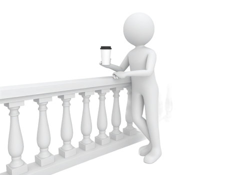 A white 3D rendered human-like figure leans on a detailed white balustrade, holding a small dark cup. This minimalist representation evokes moments of quiet contemplation, a relaxing break, or enjoying a beverage. The isolated scene highlights clean design and conceptual themes of observation or architectural elements.の素材