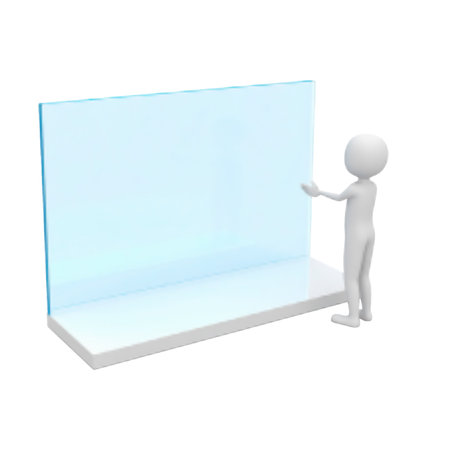 A 3D render depicts a stylized white stick figure person standing to the right of a large, upright, rectangular light blue translucent panel. The panel is set on a solid white rectangular base. The figure's arms are raised towards the panel, suggesting interaction, presentation, or demonstration. The background is solid black, isolating the main elements. This visual represents concepts of digital presentation, future technology, interactive screens, or virtual interfaces.の素材