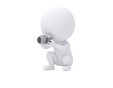 A stylized, smooth white three-dimensional character, resembling a human figure, is shown in a squatting or kneeling posture, intently holding a modern digital camera. The camera, featuring silver and black details, is focused forward, suggesting the act of taking a photograph or observing a scene. Small, abstract green leaf-like elements float dynamically around the figure, adding a touch of nature, creativity, or whimsy to the composition. This illustration conceptually represents photography, media creation, observation, documentation, and technological engagement. Its clean, isolated design is versatile for various conceptual and professional applications.の素材