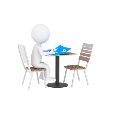 3d white people sitting at a table and reading a map. Isolated white background.の素材