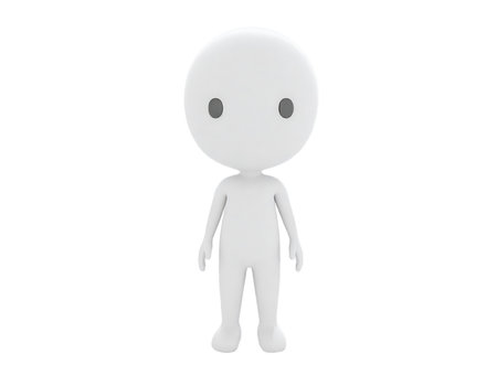 A clear, full-body depiction of a simple 3D white minimalist character. The generic humanoid figure stands upright, facing forward, with a clean and modern aesthetic. It is isolated against a solid black background, emphasizing its form as a basic representation or an avatar concept.の素材
