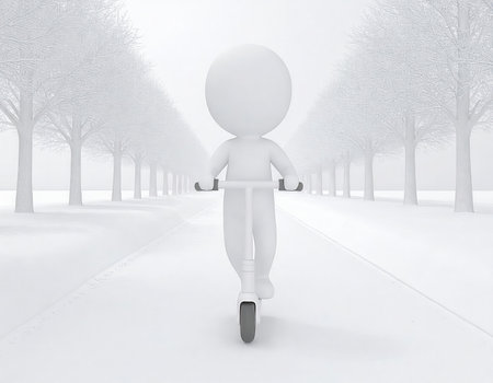 3d render of white man riding scooter in snowy winter landscapeの素材