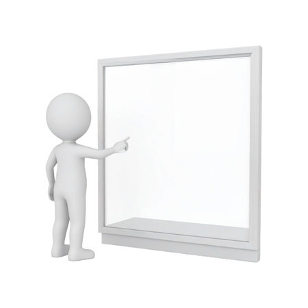 3D Character pointing at a window. 3D Rendering isolated on white.の素材