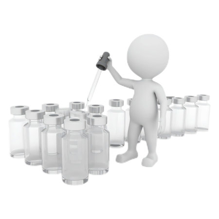 3D little human character with ampoules. Isolated on white background.の素材