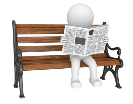 3d little human character sitting on a bench and reading a newspaper. Isolated white background.の素材