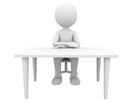3d white people sitting at a table. Isolated white backgroundの素材