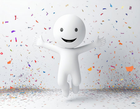 3d white character jumping with confetti and confetti in the backgroundの素材