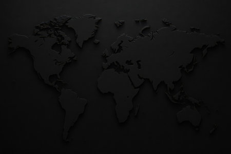 A minimalist, dark rendering of a world map. Black continent outlines subtly emerge from an even darker background, featuring faint, scattered light points across various regions. This abstract depiction conveys global connectivity, data flow, and modern geography with a sleek, sophisticated aesthetic.の素材