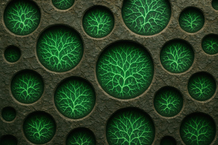 A dark, granular surface features multiple recessed circular areas, each filled with a brilliant, luminous green material. This green material displays complex, branching textures resembling microscopic biological forms or abstract energy patterns. The circles are scattered across the frame, varying in diameter, creating a dynamic and detailed pattern suitable for scientific, technological, or abstract themes.の素材