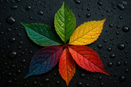 A visually striking composition features a collection of fresh leaves arranged in a circular, flower-like pattern against a dark, textured background. Each leaf displays a distinct, vibrant color, creating a beautiful spectrum from rich green, bright yellow, and warm orange to deep red, deep purple, and cool teal. The dark surface beneath the leaves is adorned with numerous glistening water droplets, suggesting dew or recent rainfall, adding a sense of freshness and depth. This artful display highlights the diverse palette of nature and the beauty of transitional seasons, offering a calming and colorful aesthetic.の素材