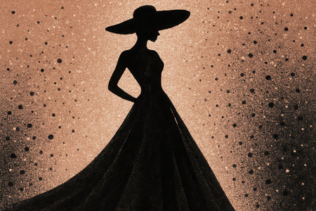 A striking silhouette of an elegant woman wearing a wide-brimmed hat and a flowing gown, set against a shimmering, glittery background in warm, sparkling tones. The composition evokes glamour and sophistication.の素材